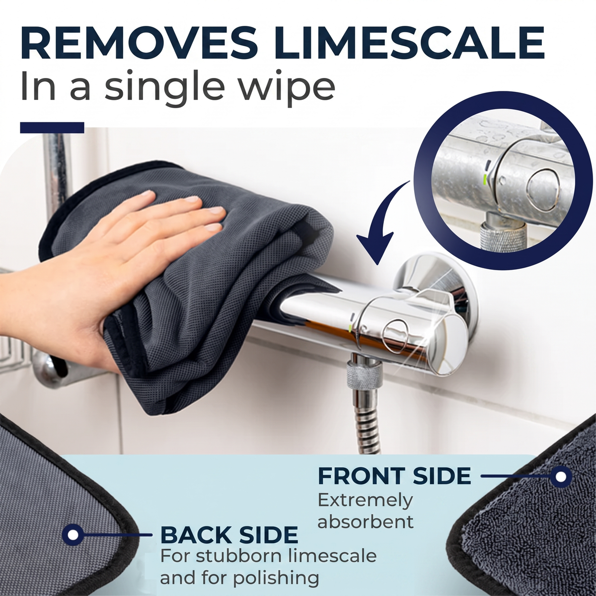 Removes limescale in a single wipe, front and back sides