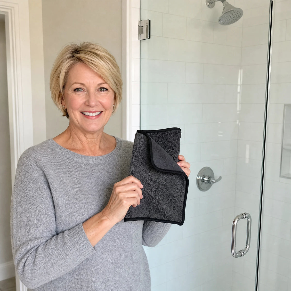 Customer holding the ClearWipe cloth in her bathroom