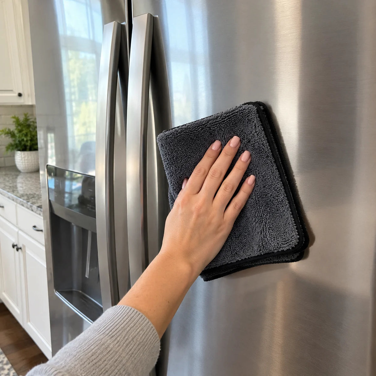 Customer photo: stainless steel fridge wiped with ClearWipe